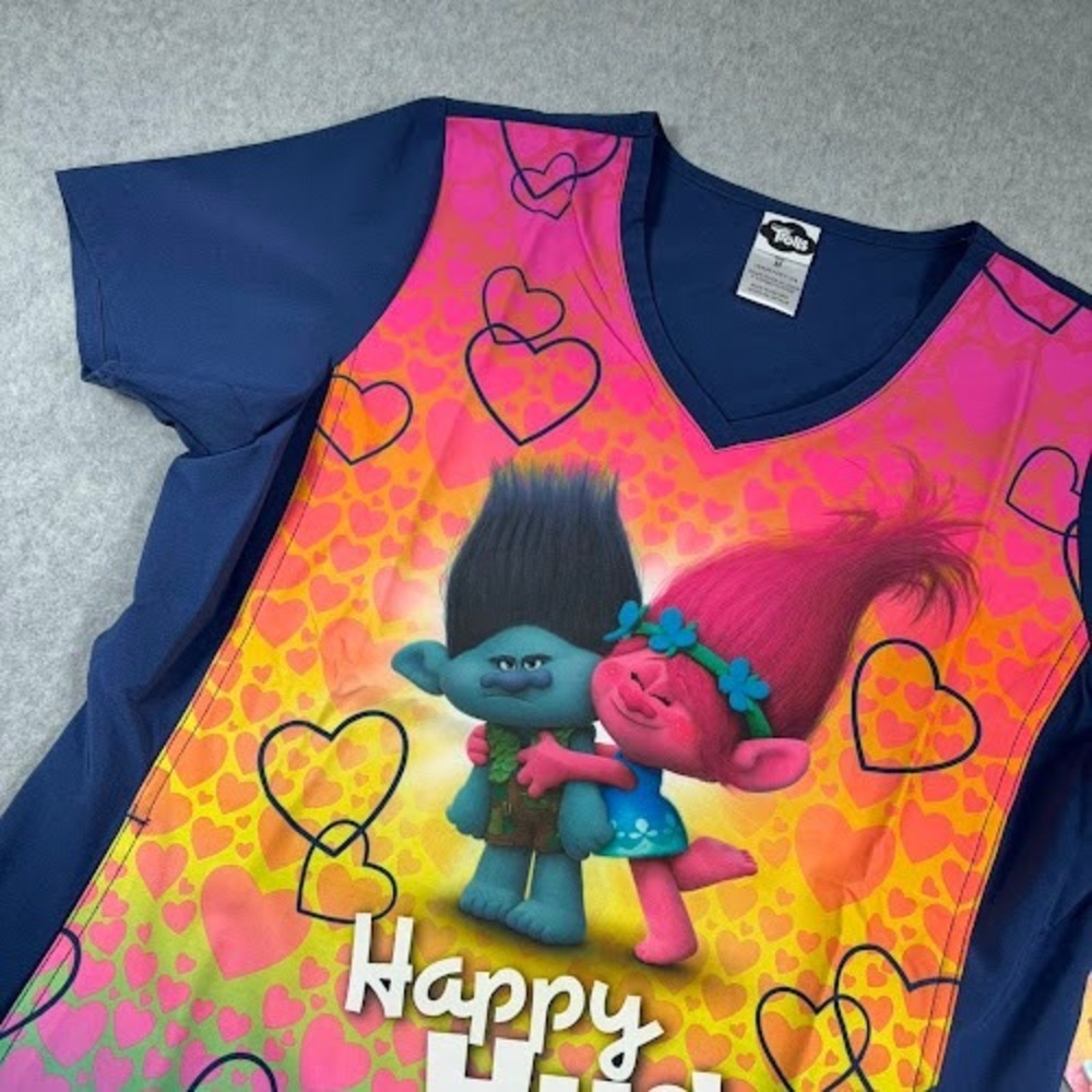 Trolls Scrub Top Medium Navy Blue Hearts Happy Hug Day Poppy Branch V Neck NWT